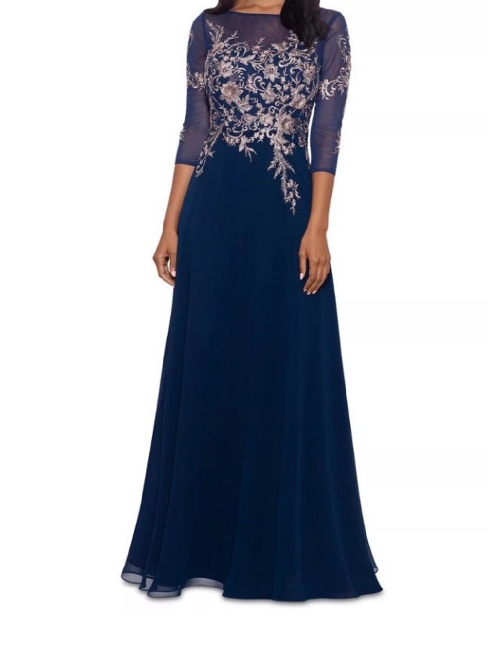 Betsy & Adam Navy Gown with Silver Floral Embroidery